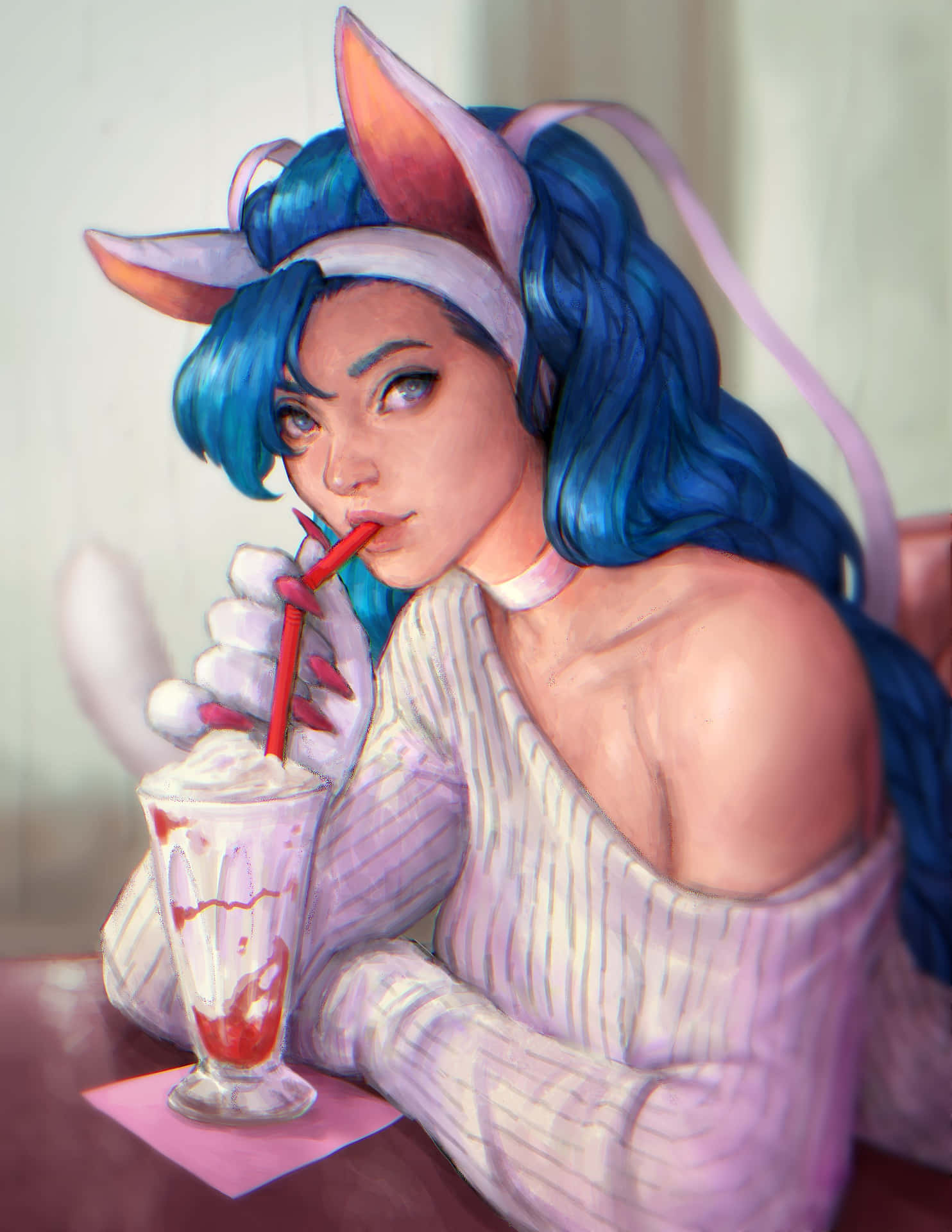 Blue Haired Anime Character Drinking Milkshake Wallpaper