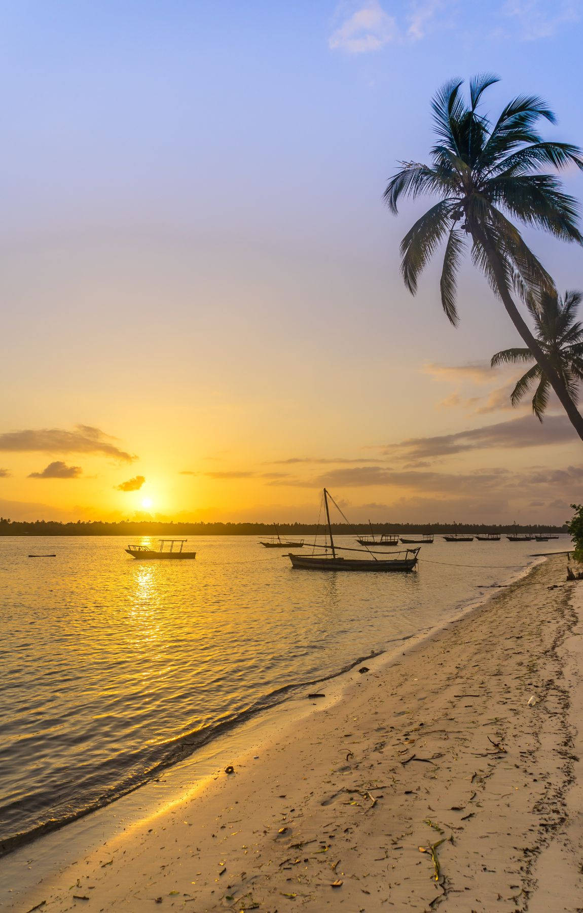 Boats Sailing On Tropical Beach Sunrise Wallpaper