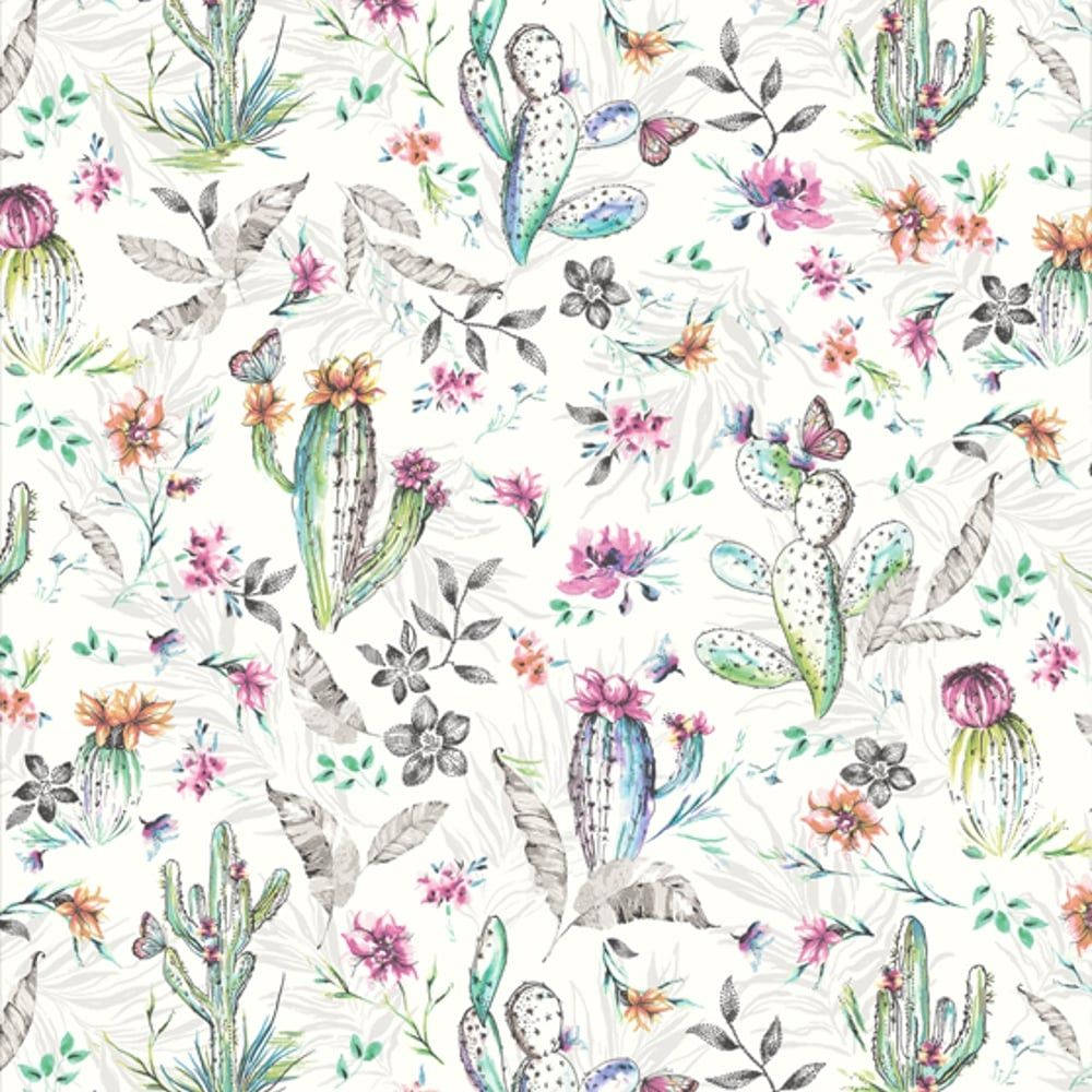 Bright Colors And Eye-catching Patterns Of Vintage Cactus And Flowers Wallpaper