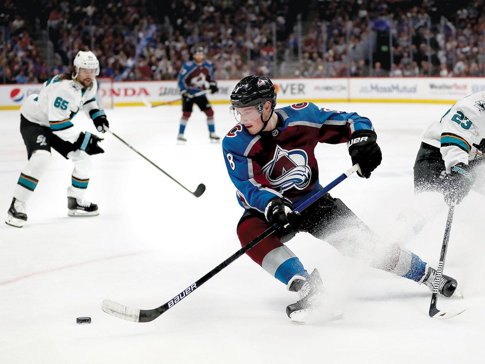 Cale Makar Attacking San Jose Sharks Wallpaper