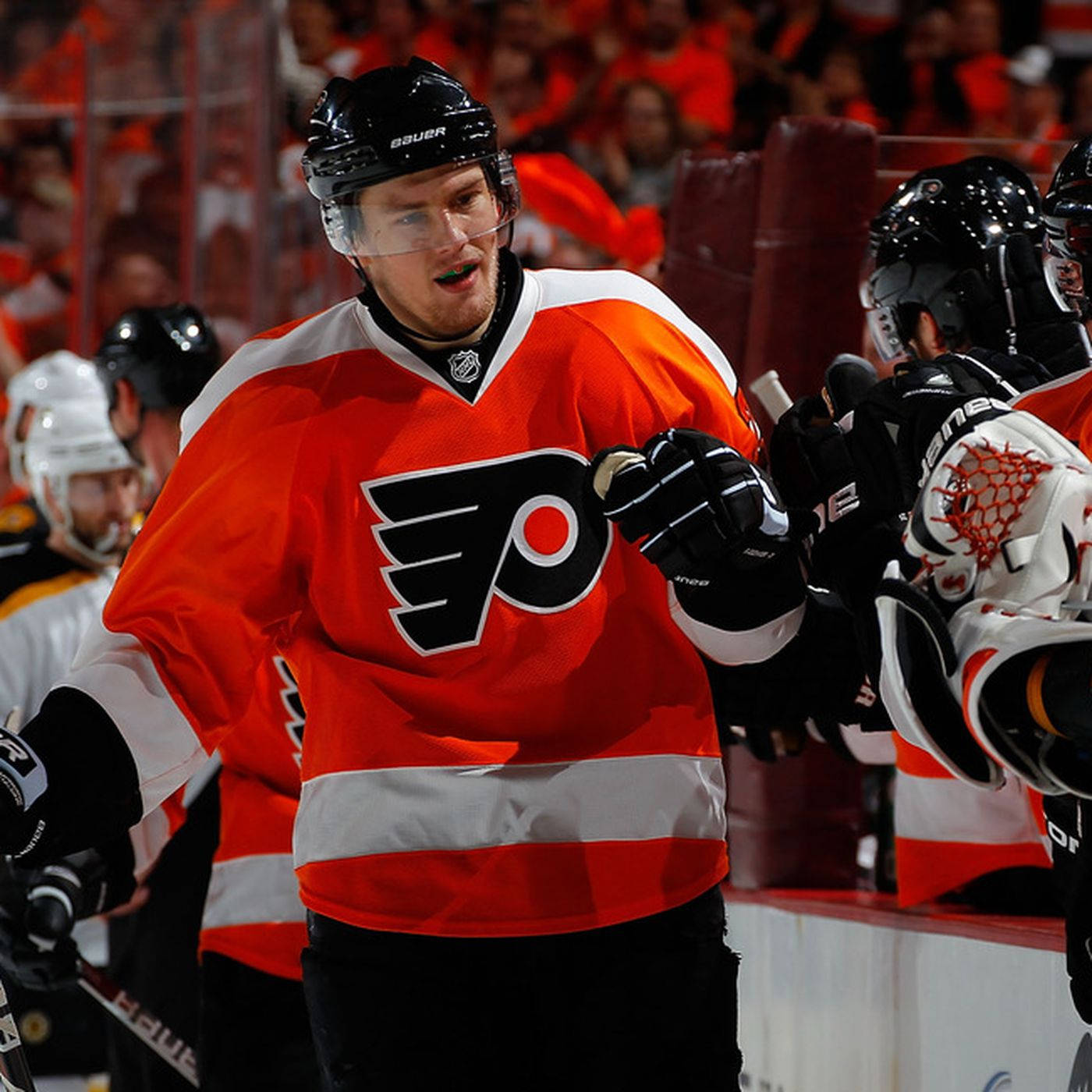 Caption: James Van Riemsdyk Posing In His Philadelphia Flyers Uniform Wallpaper