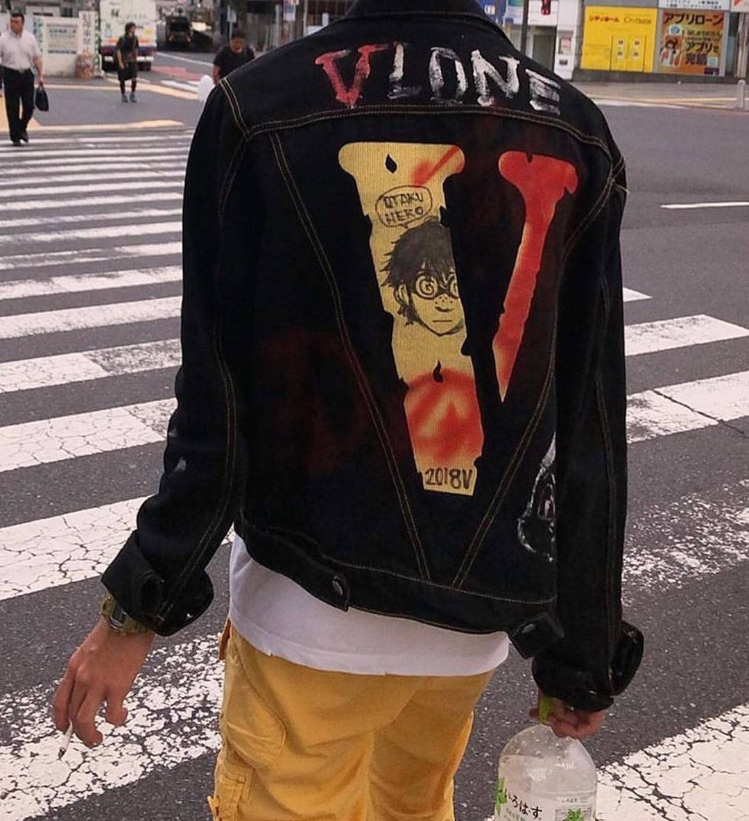 Caption: Trendy Vlone Black Denim Jacket - Streetwear Fashion Pfp Wallpaper