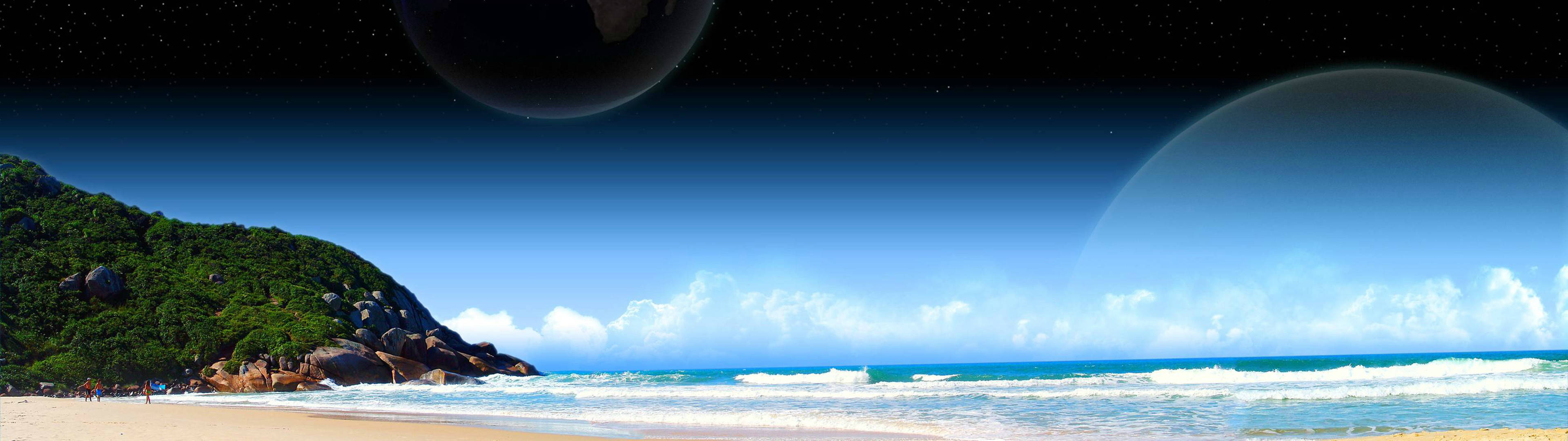 Captivating Dual Monitor Display Of Beach Skies Wallpaper