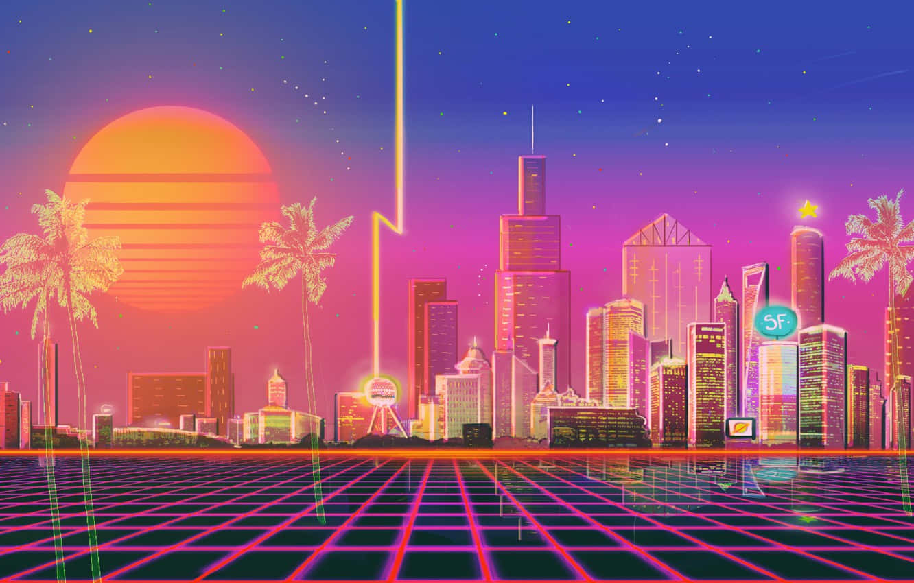 Cars, Buildings And Colorful Lights Illuminate The Night In Synthwave City. Wallpaper