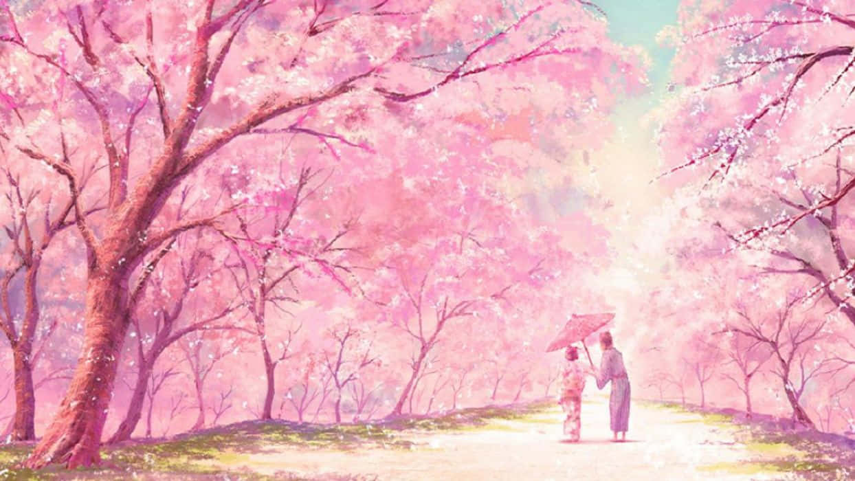 Cherry Blossoms Anime Scenery Mother Daughter Road Wallpaper