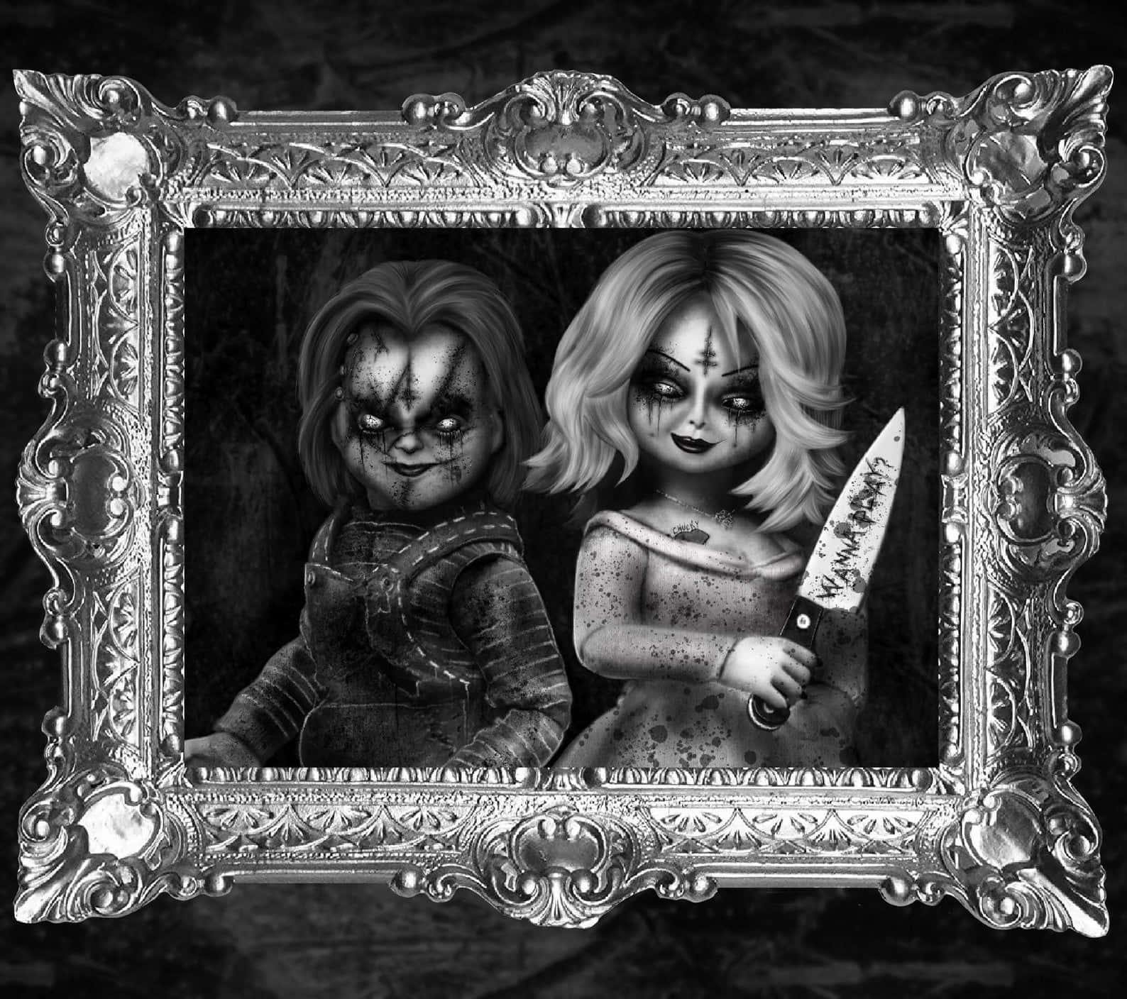 Chucky And Tiffany Black And White Frame Wallpaper