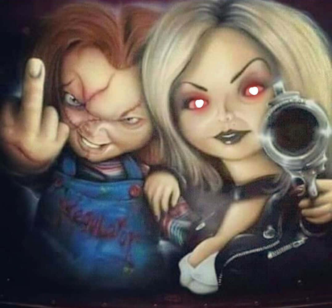 Chucky Finger And Tiffany Pointing Gun Wallpaper