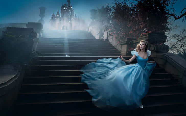 Cinderella In Blue Dress On Stairs Wallpaper