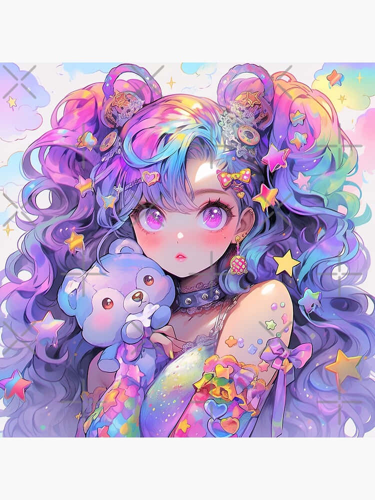 Colorful_ Anime_ Girl_with_ Teddy_ Bear Wallpaper