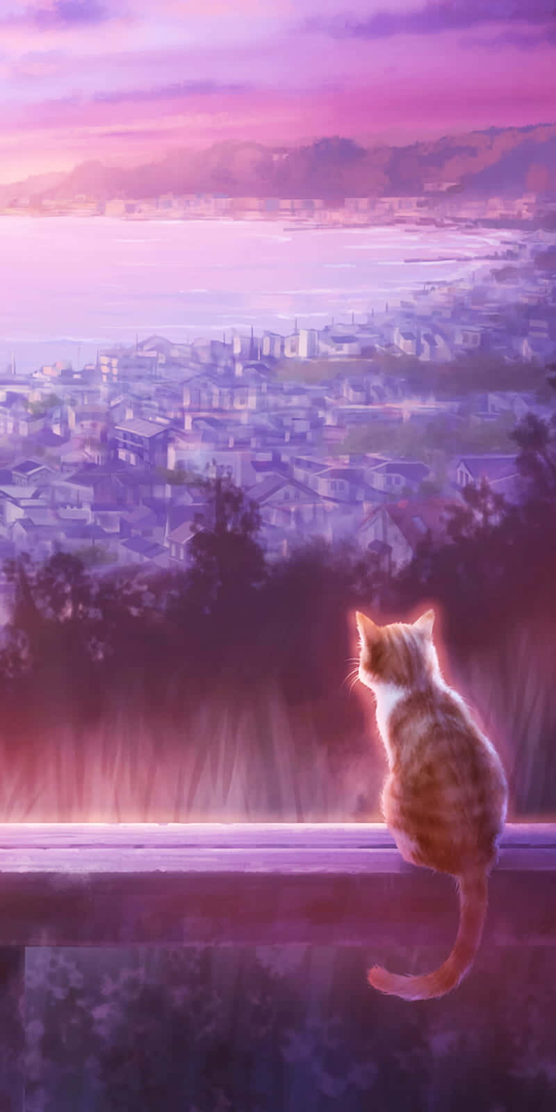 Contemplative Cat Overlooking Cityscape Wallpaper