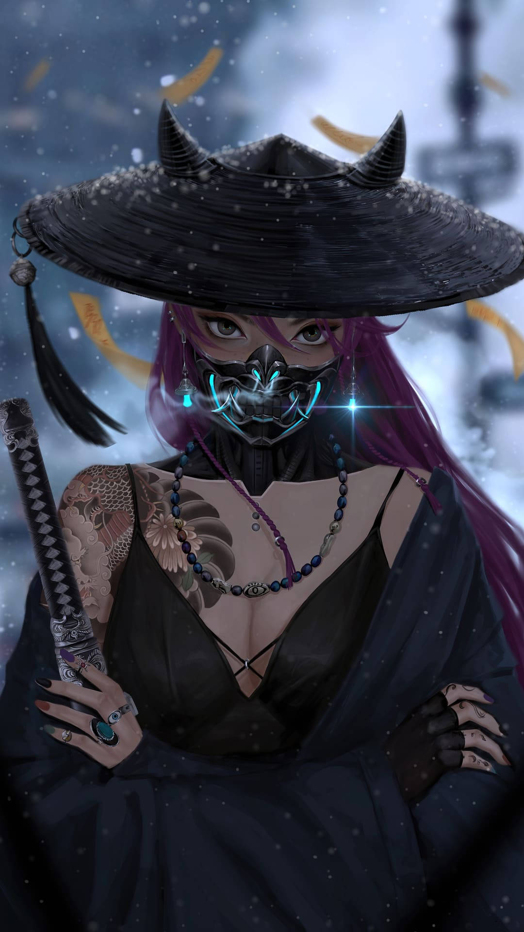 Cool Anime Phone Cyberpunk Girl Tattoo Mask Wallpaper