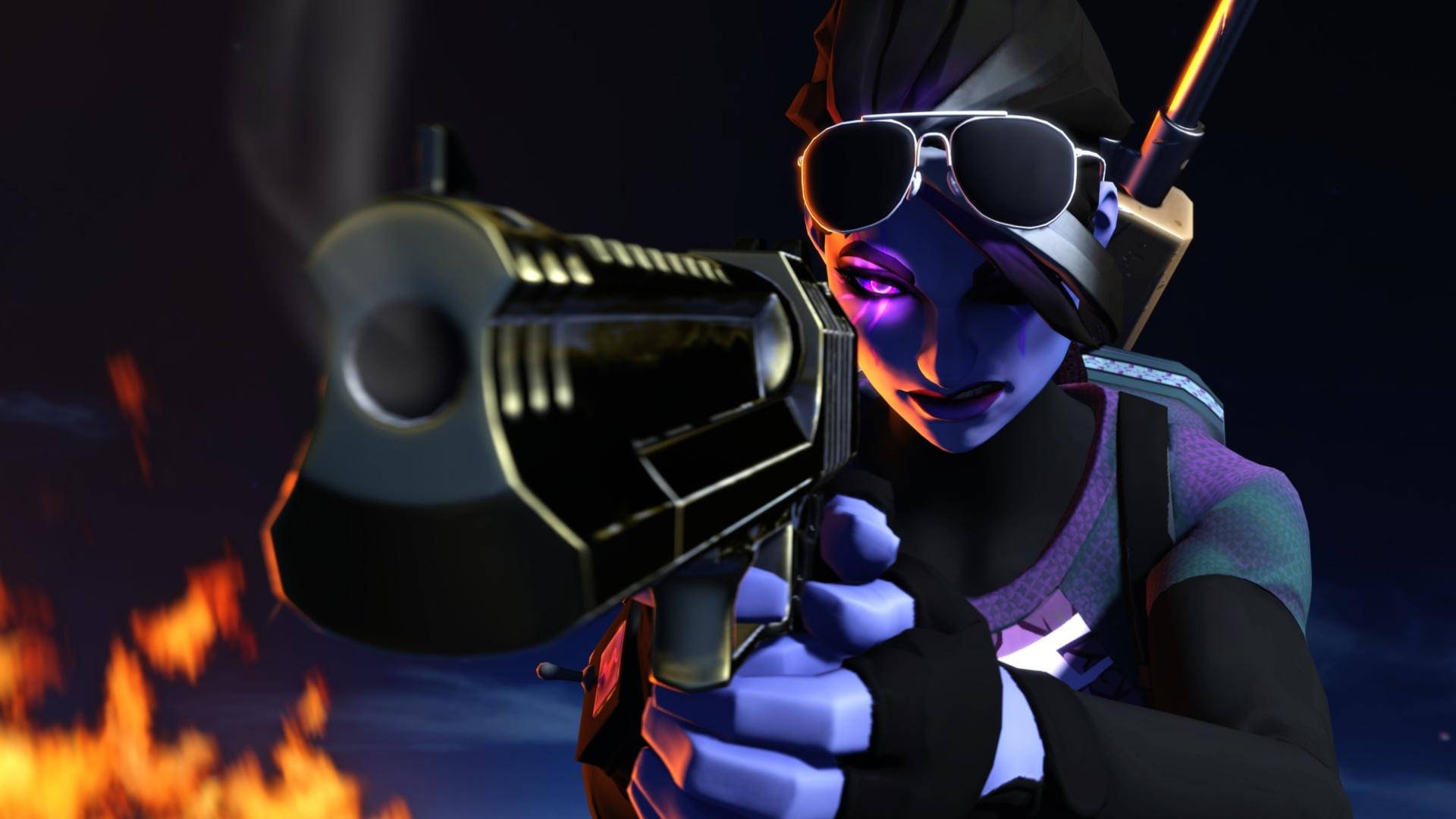 Cool Fortnite Skin Dark Bomber Pointing Gun Wallpaper