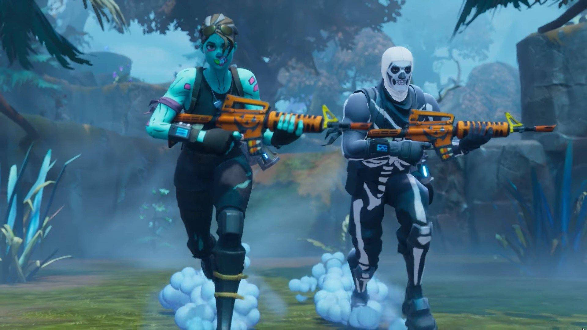 Cool Fortnite Skin Running With Orange Aesthetic Guns Wallpaper