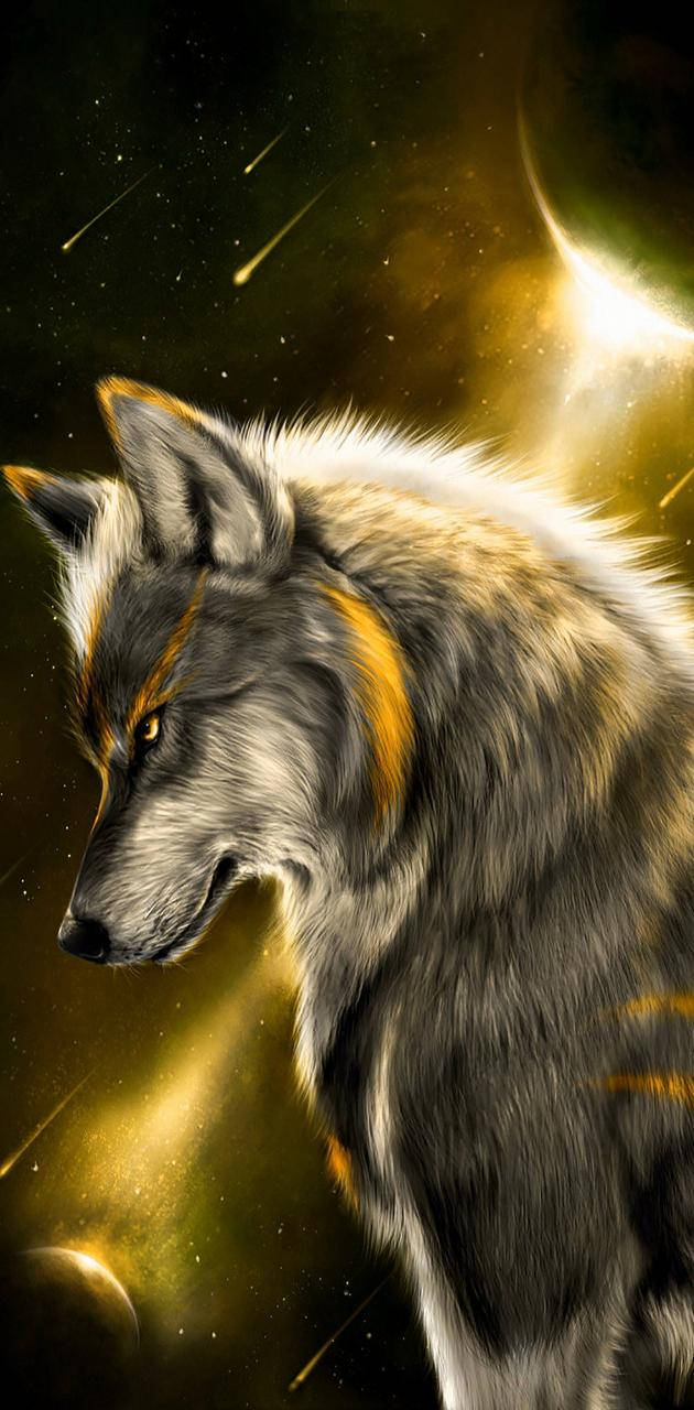 Cool Golden Galaxy Over Fierce Wolf Wallpaper