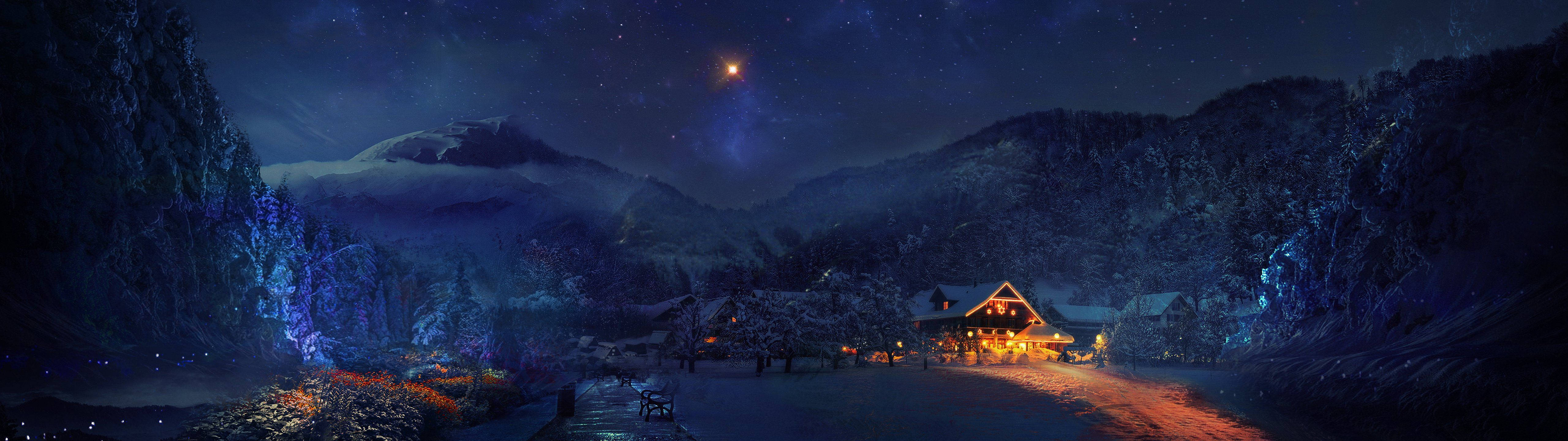 Cottage In Winter Night Wallpaper