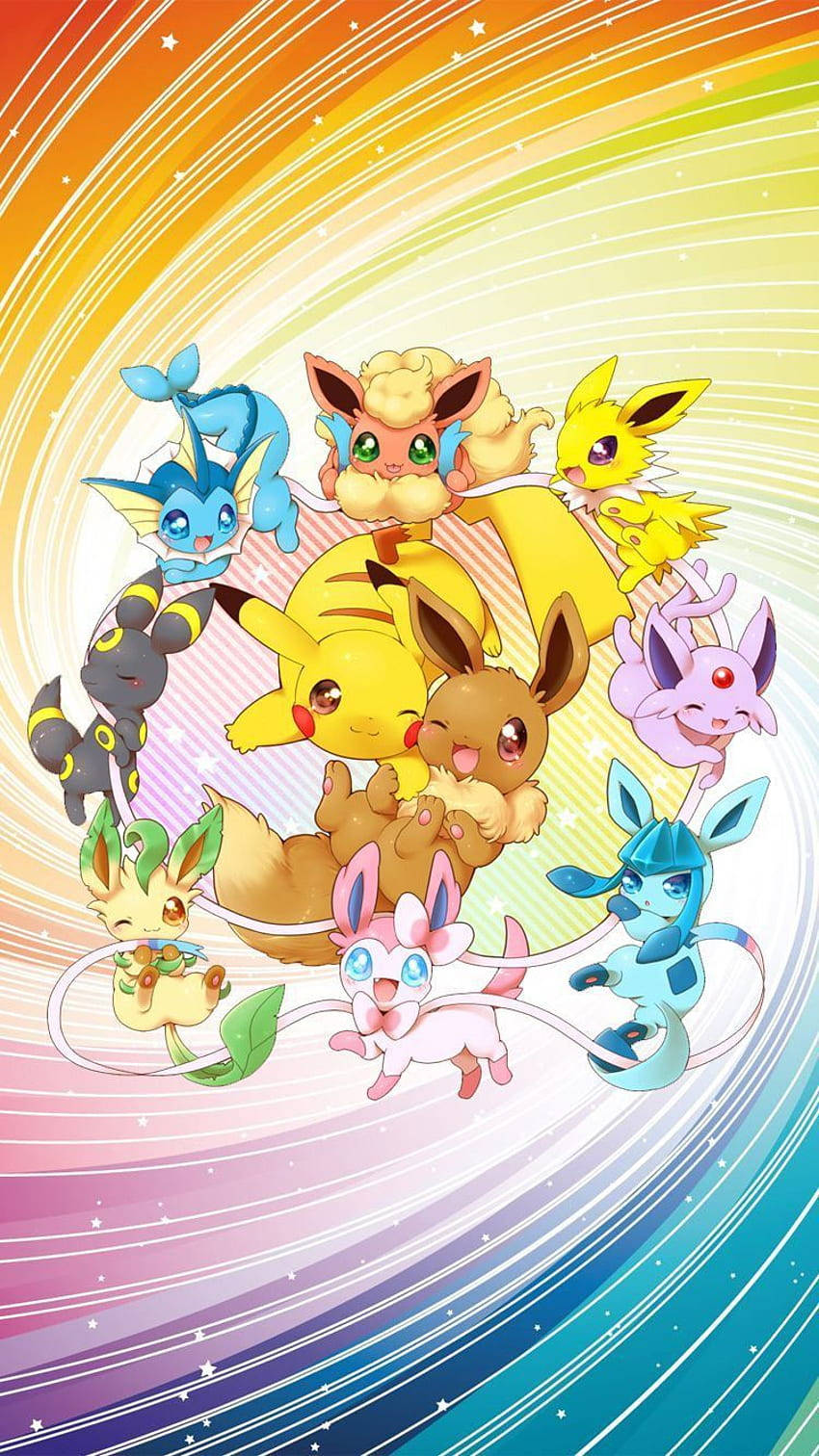 Cute Eeveelutions Pikachu Colorful Swirls Wallpaper