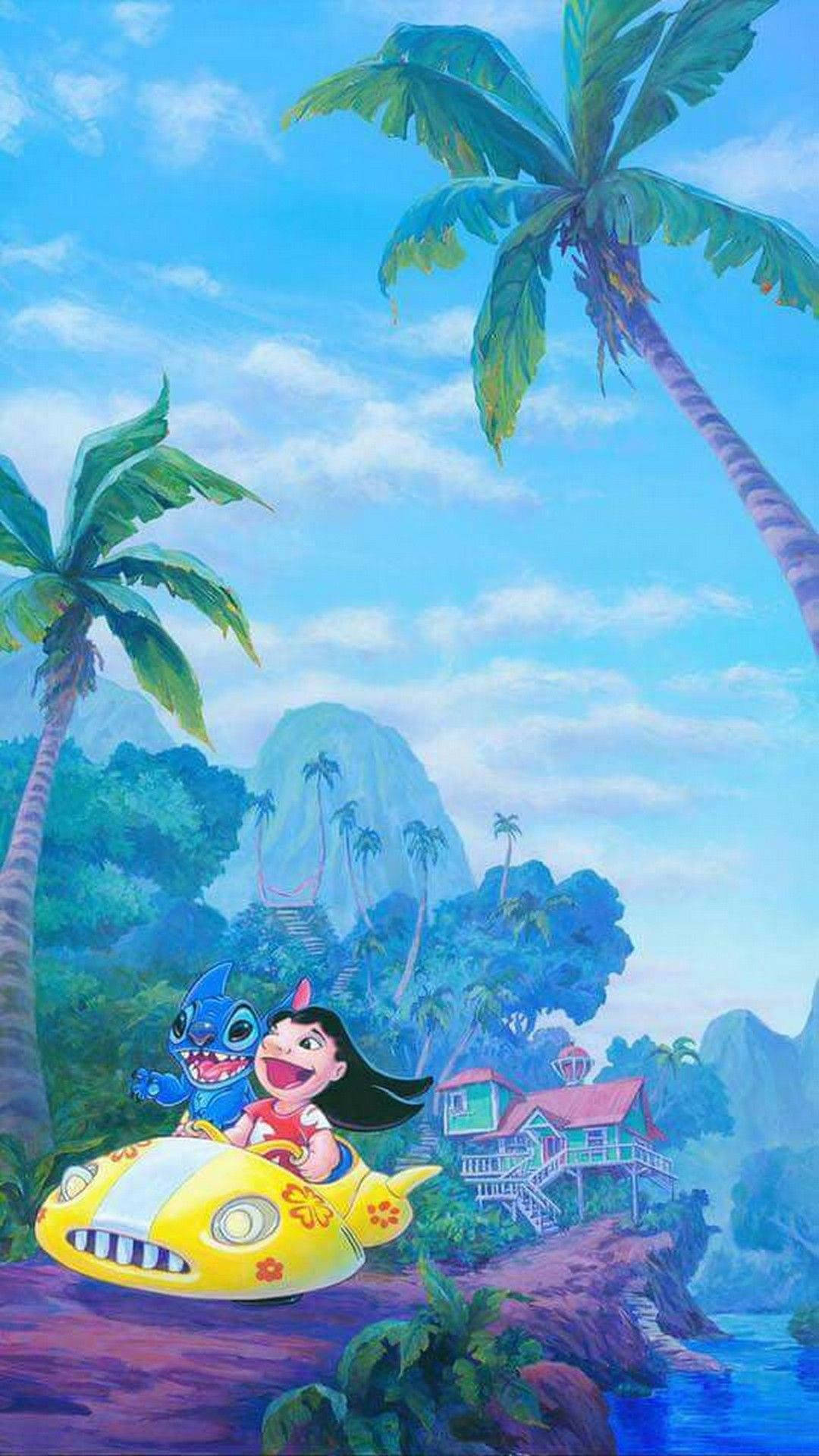 Cute Flying Lilo And Stitch Spacecraft Iphone Wallpaper