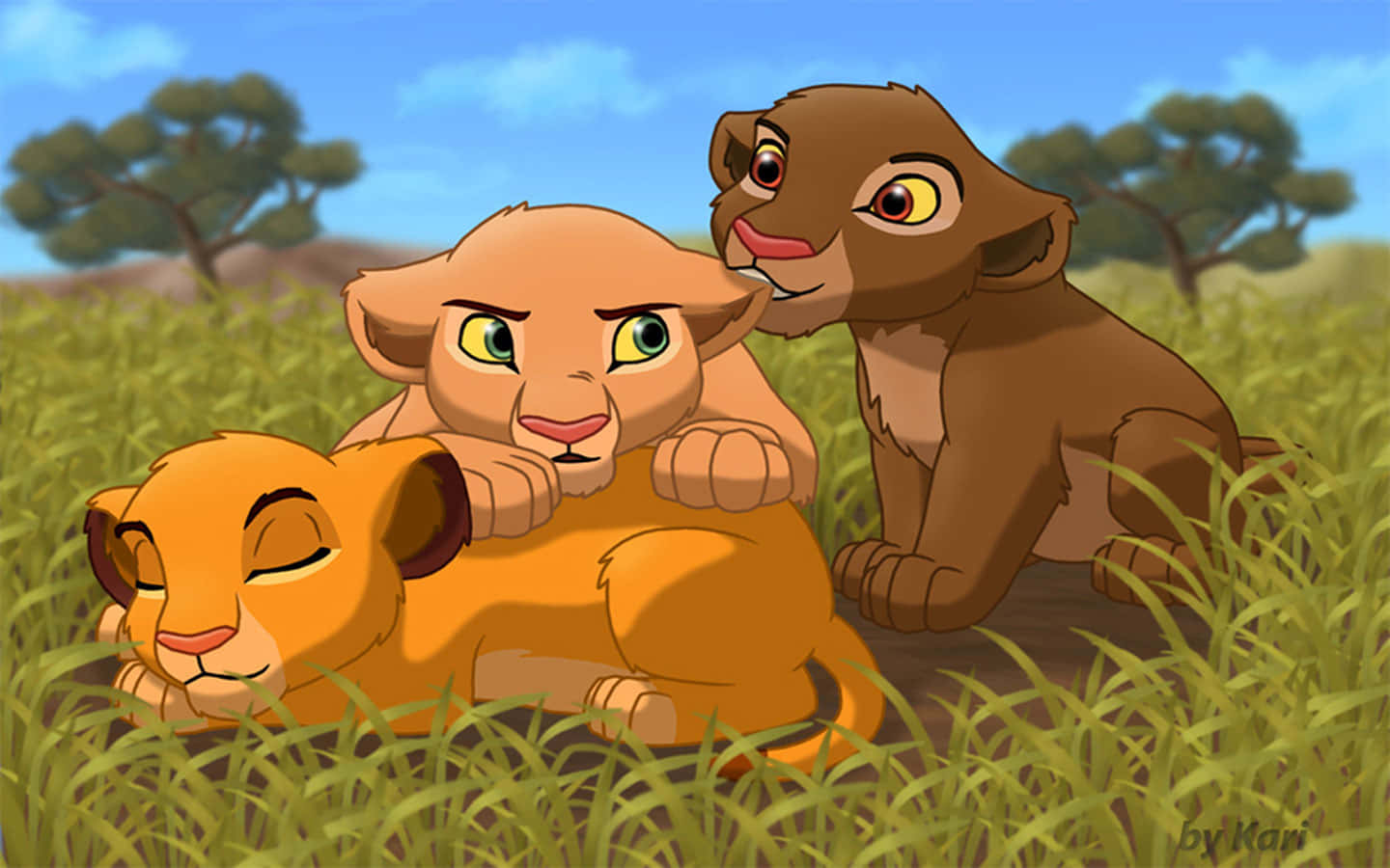 Cute Lion King Cubs Simba With Nala And Chumvi Wallpaper