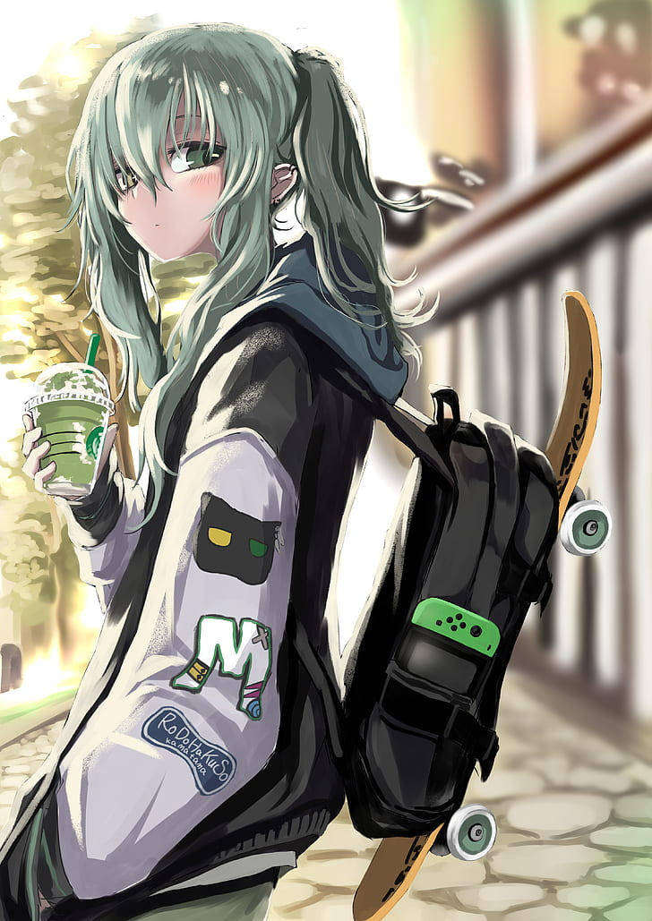 Cute Tomboy Backpack Skateboard Green Hair Wallpaper