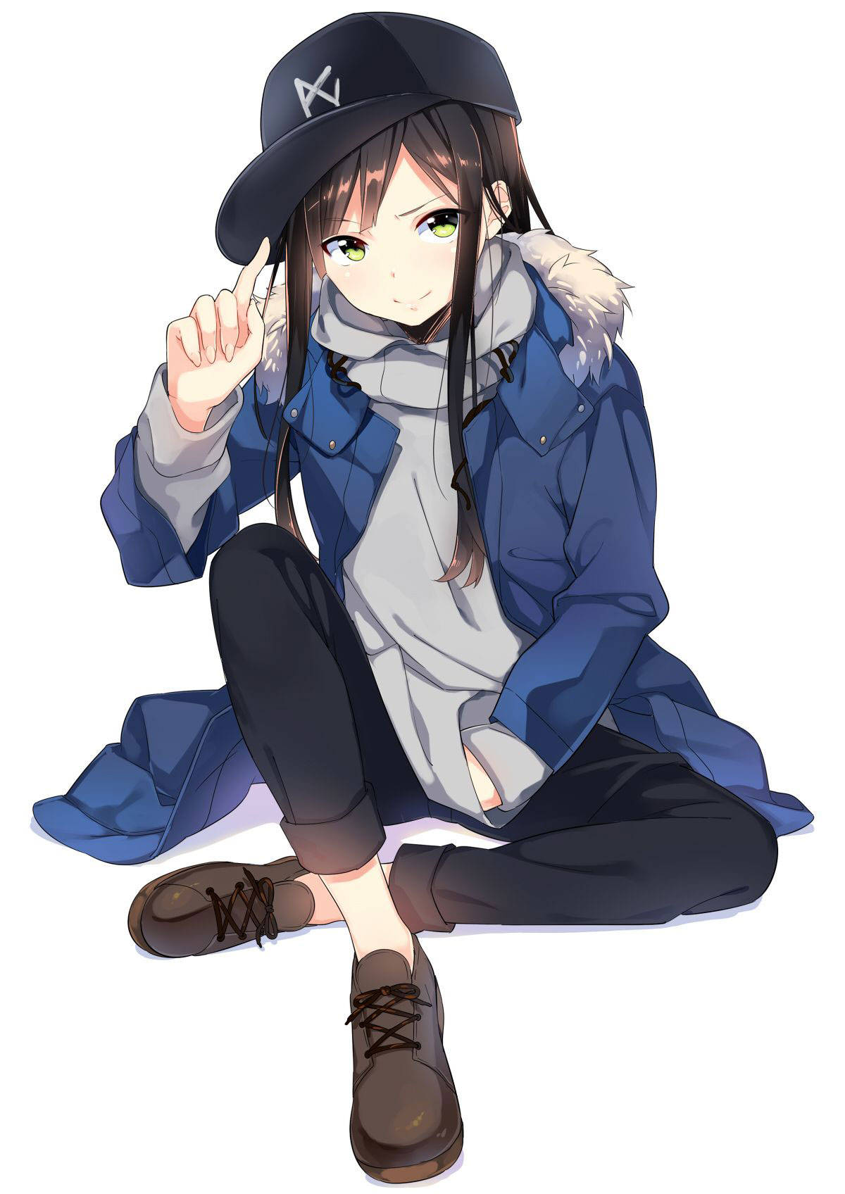 Cute Tomboy Blue Jacket Sitting Wallpaper