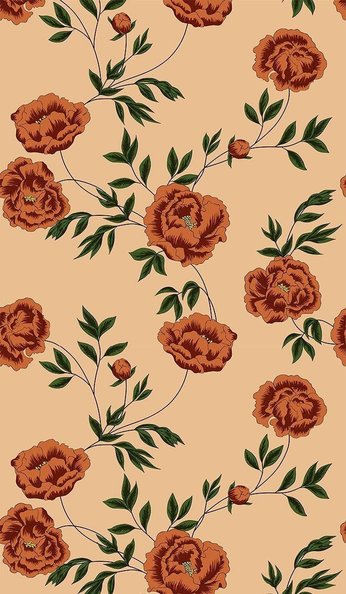 Dark Orange Floral Patten On Beige Background Wallpaper