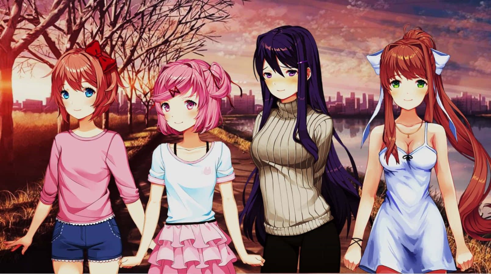 Ddlc Friends Behind Sunset Wallpaper