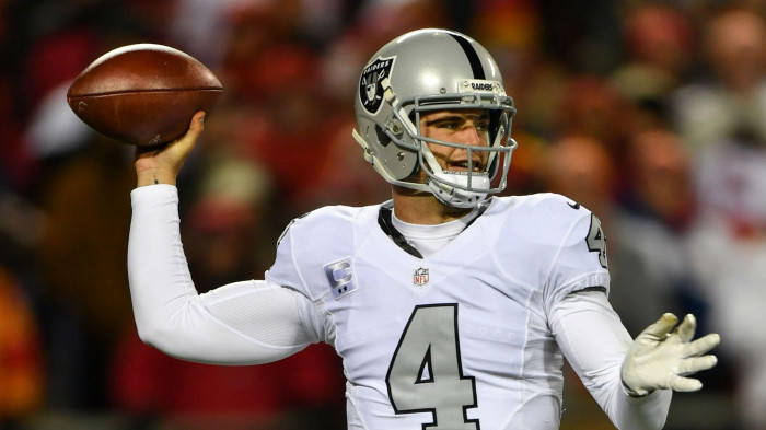 Derek Carr In White Taking Aim With Ball Wallpaper