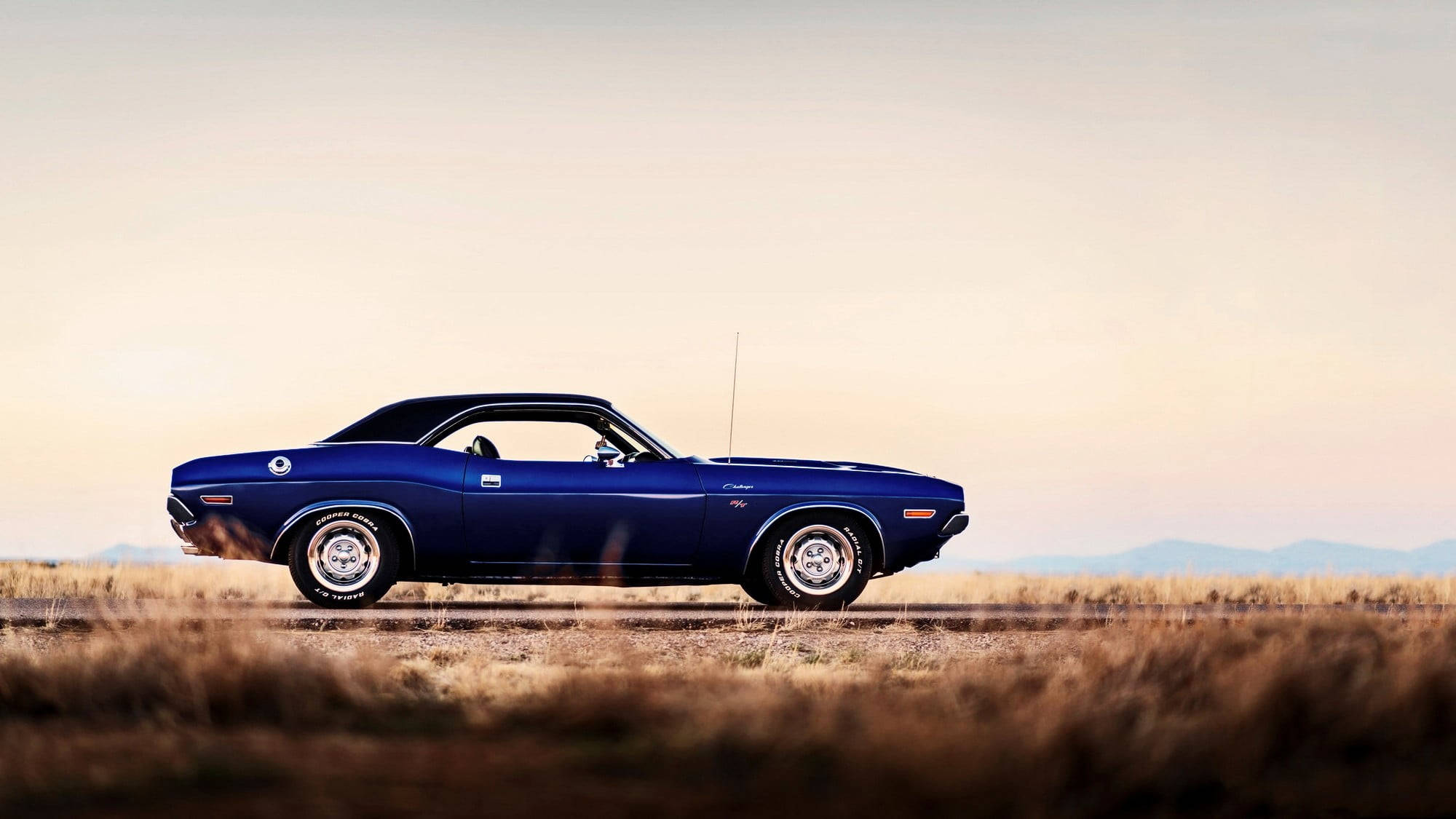 Deserted Navy Blue Dodge Challenger Wallpaper