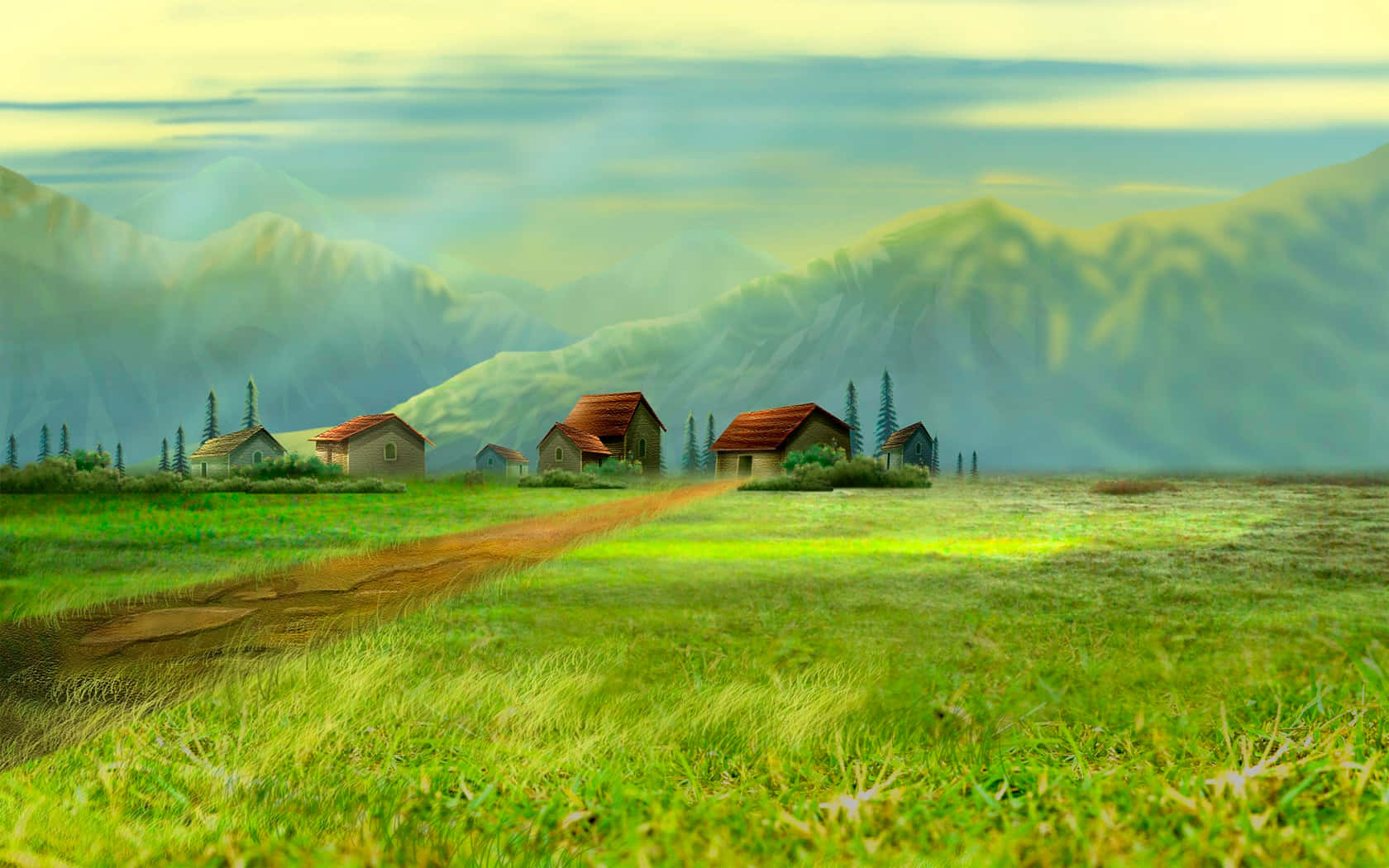 Digitally Painted Landscape Small Hill Village Wallpaper