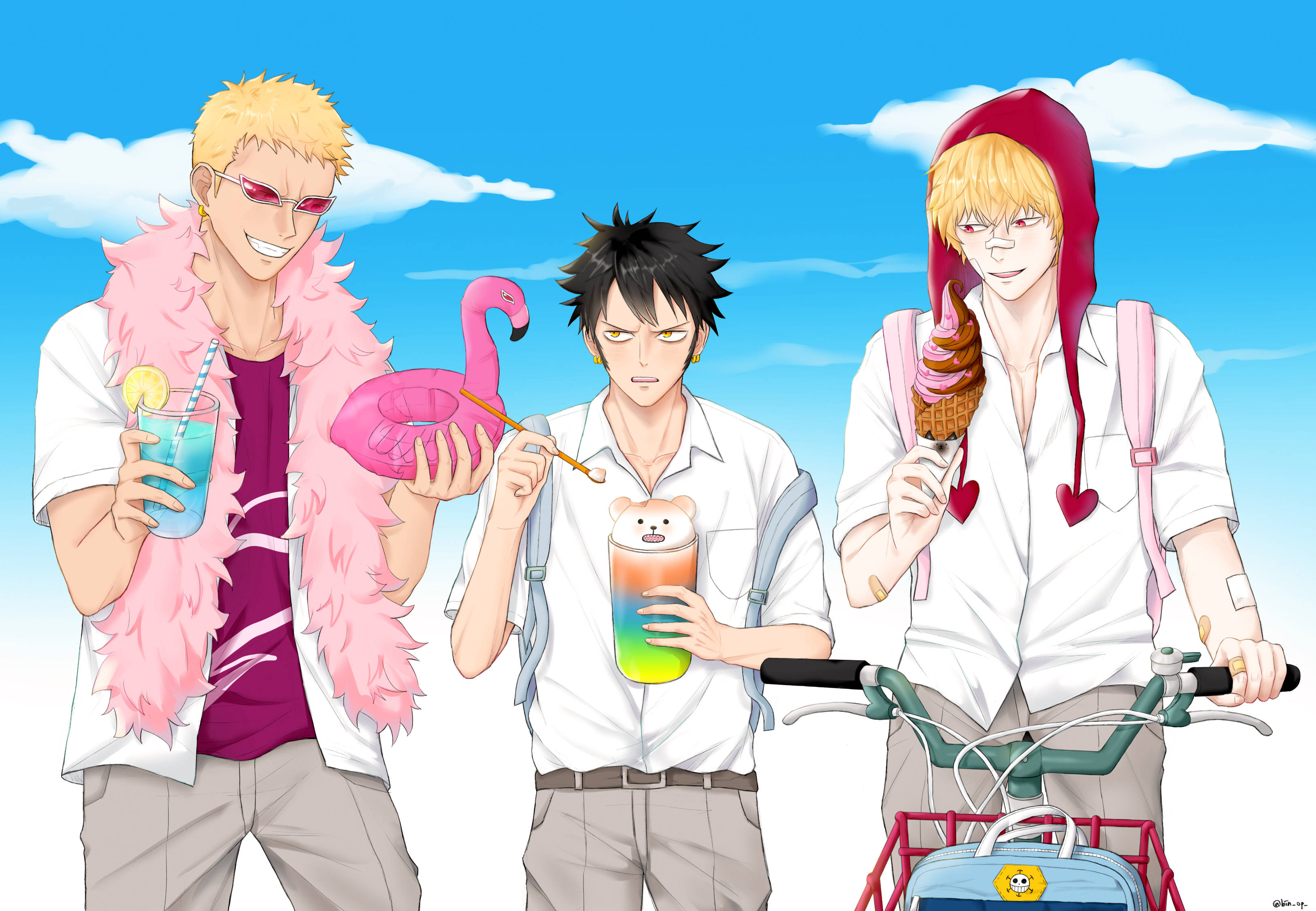 Doflamingo Corazon And Trafalgar Law One Piece Fanart Wallpaper