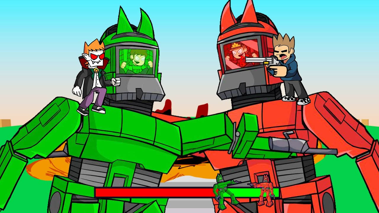 Eddsworld Characters On Green Giant Robots Wallpaper