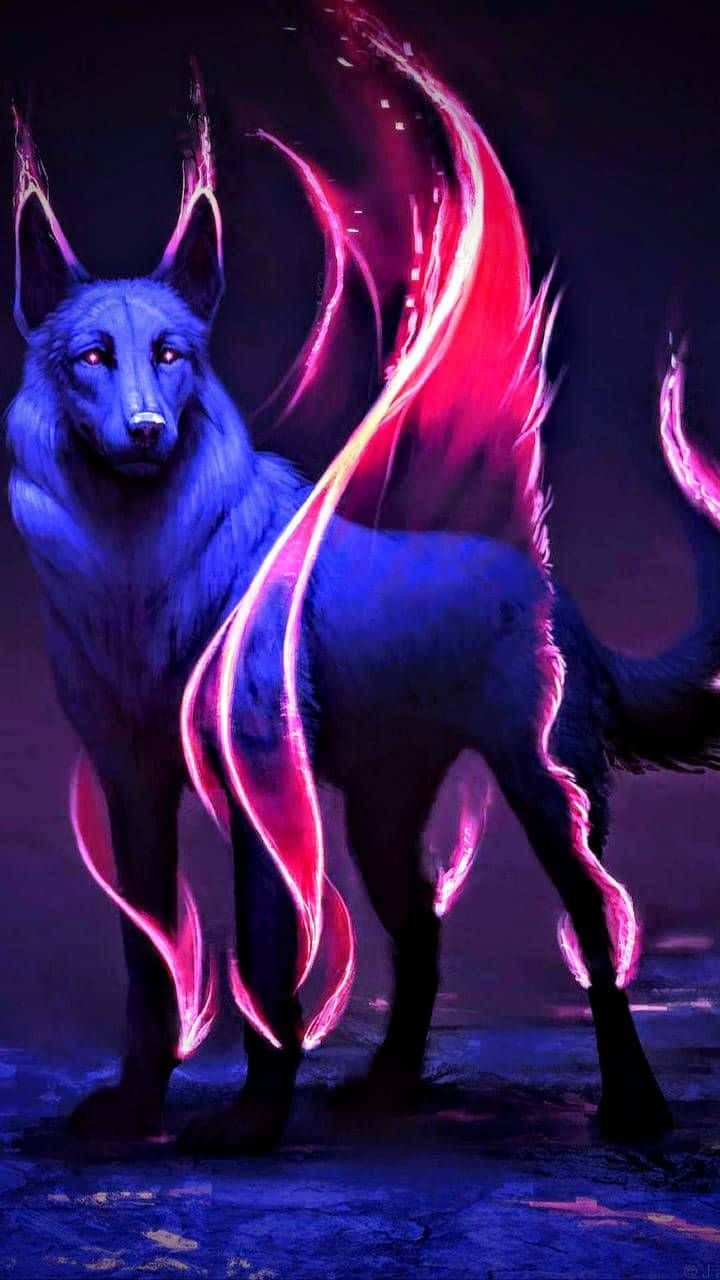 Epic Blue Wolves With Pink Wings Wallpaper