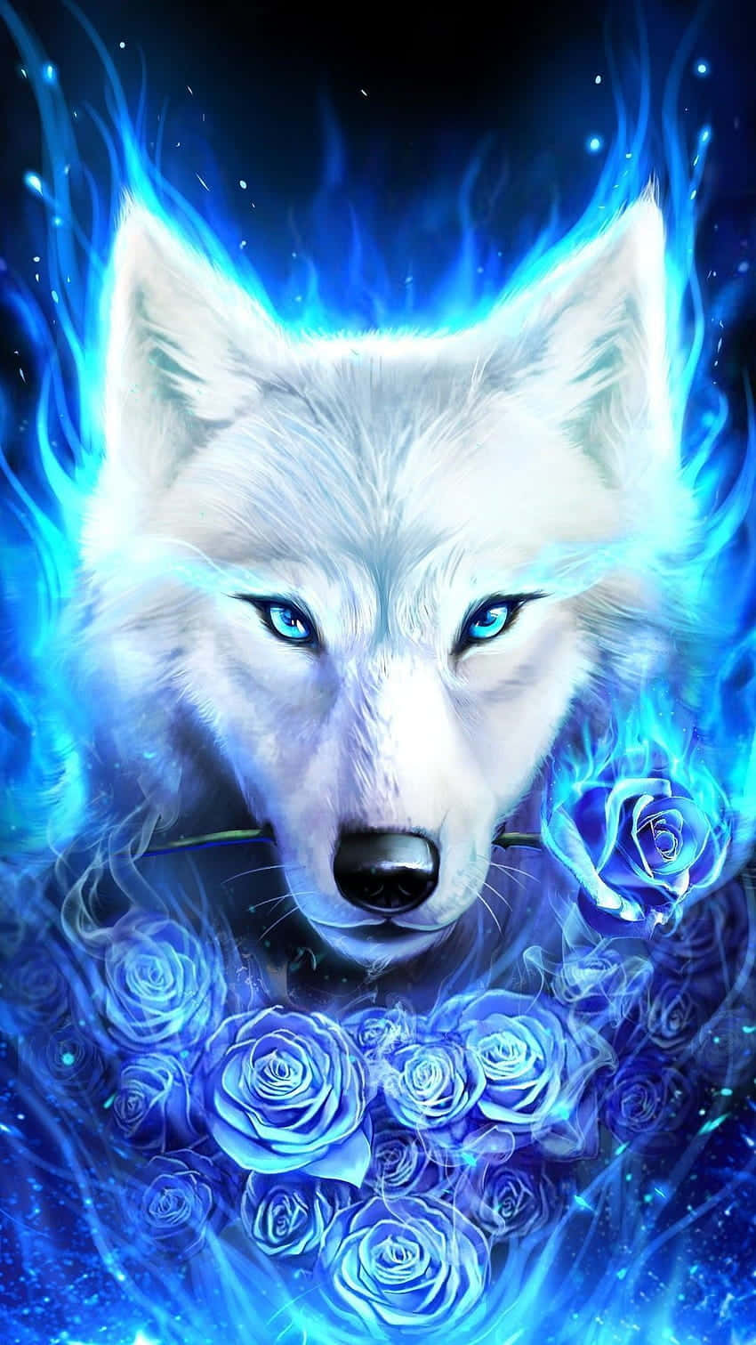 Epic Wolves With Blue Roses Wallpaper