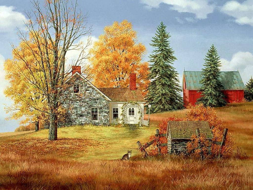 Fall Farm Painting Orange Grass Wallpaper