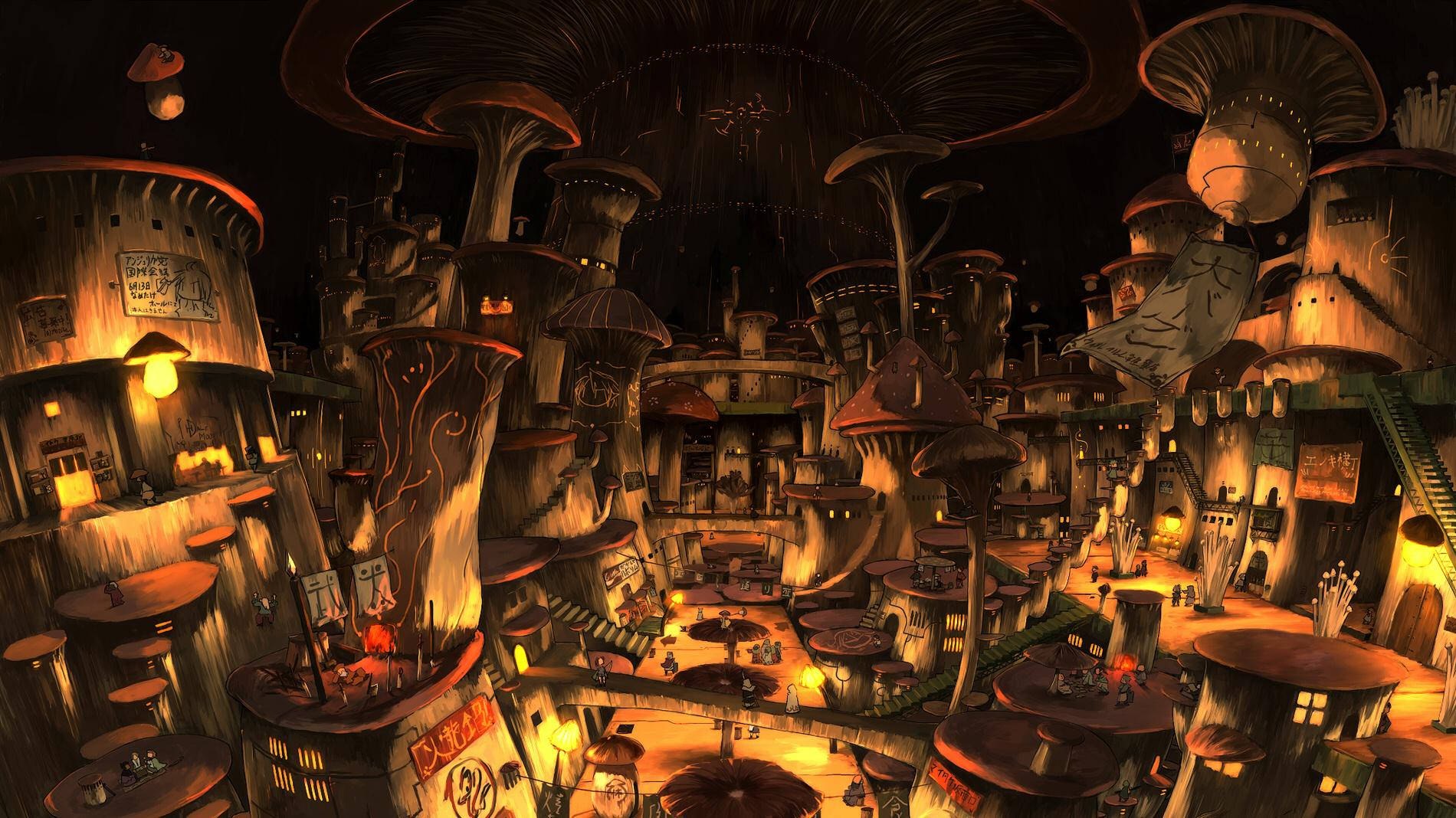 Fantastical Mushroom City Art Wallpaper