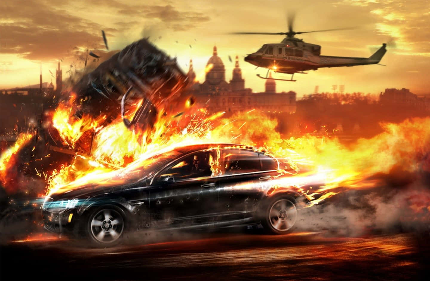 Fire Car And Chopper Wallpaper