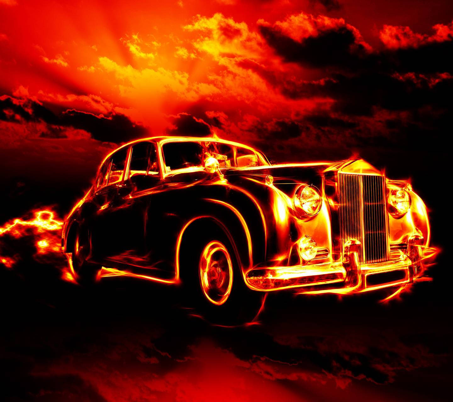 Fire Volkswagen Car Under Red Sky Wallpaper