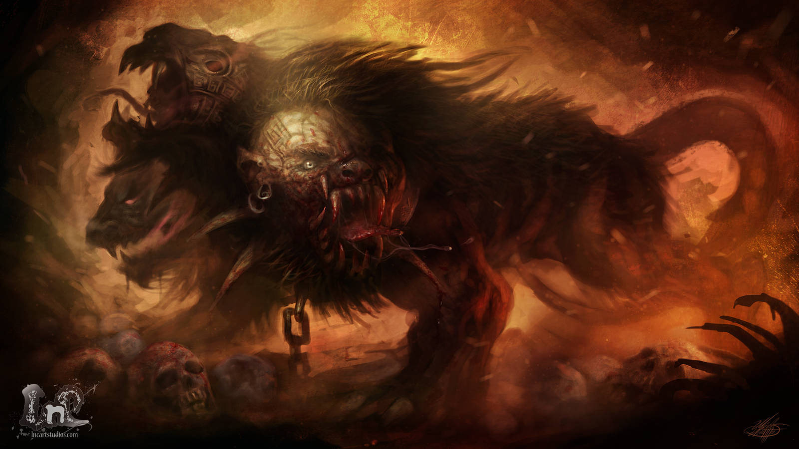 Flaming Cerberus Monster Wallpaper