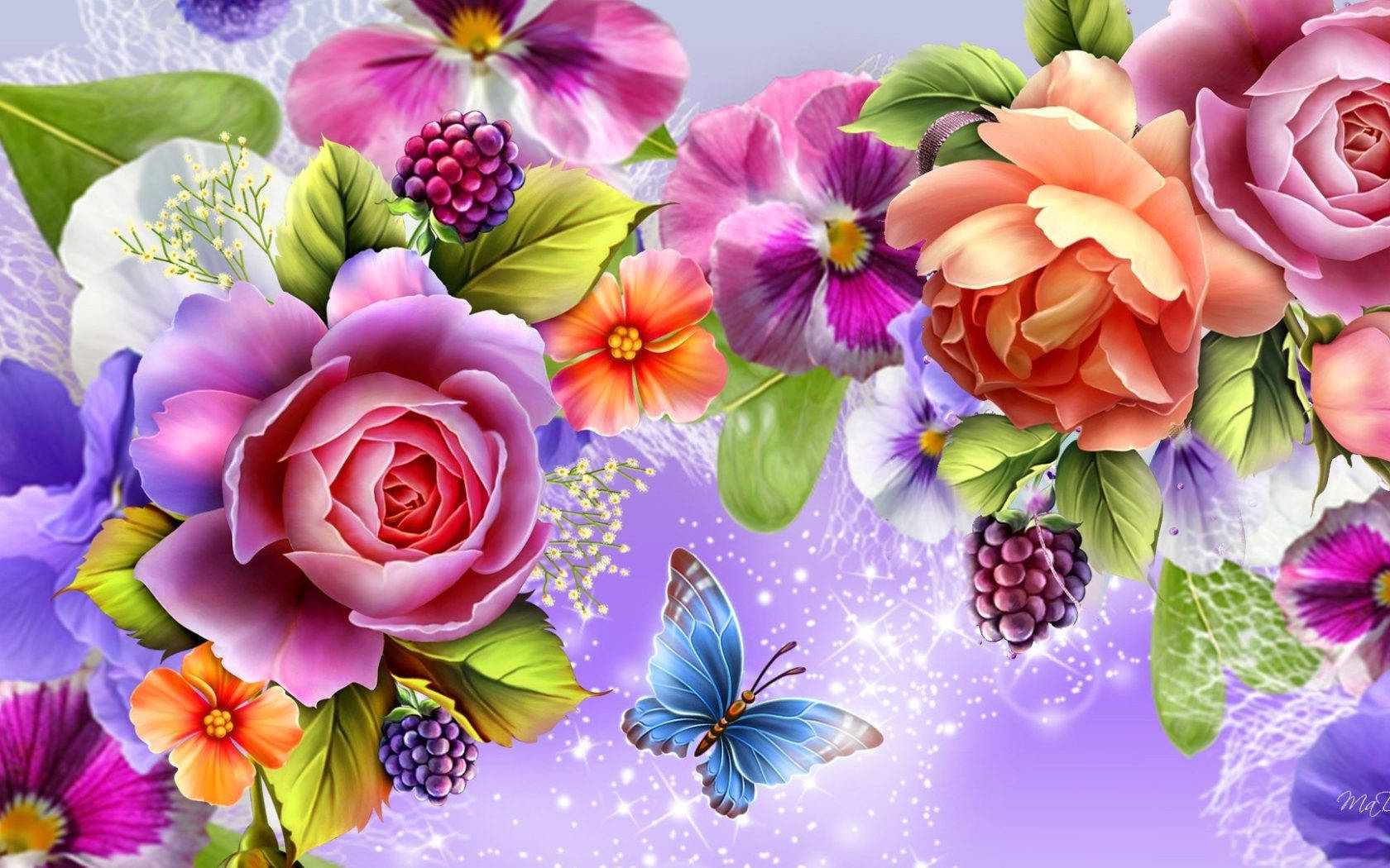 Flower Design With Butterflies And Fruits Wallpaper