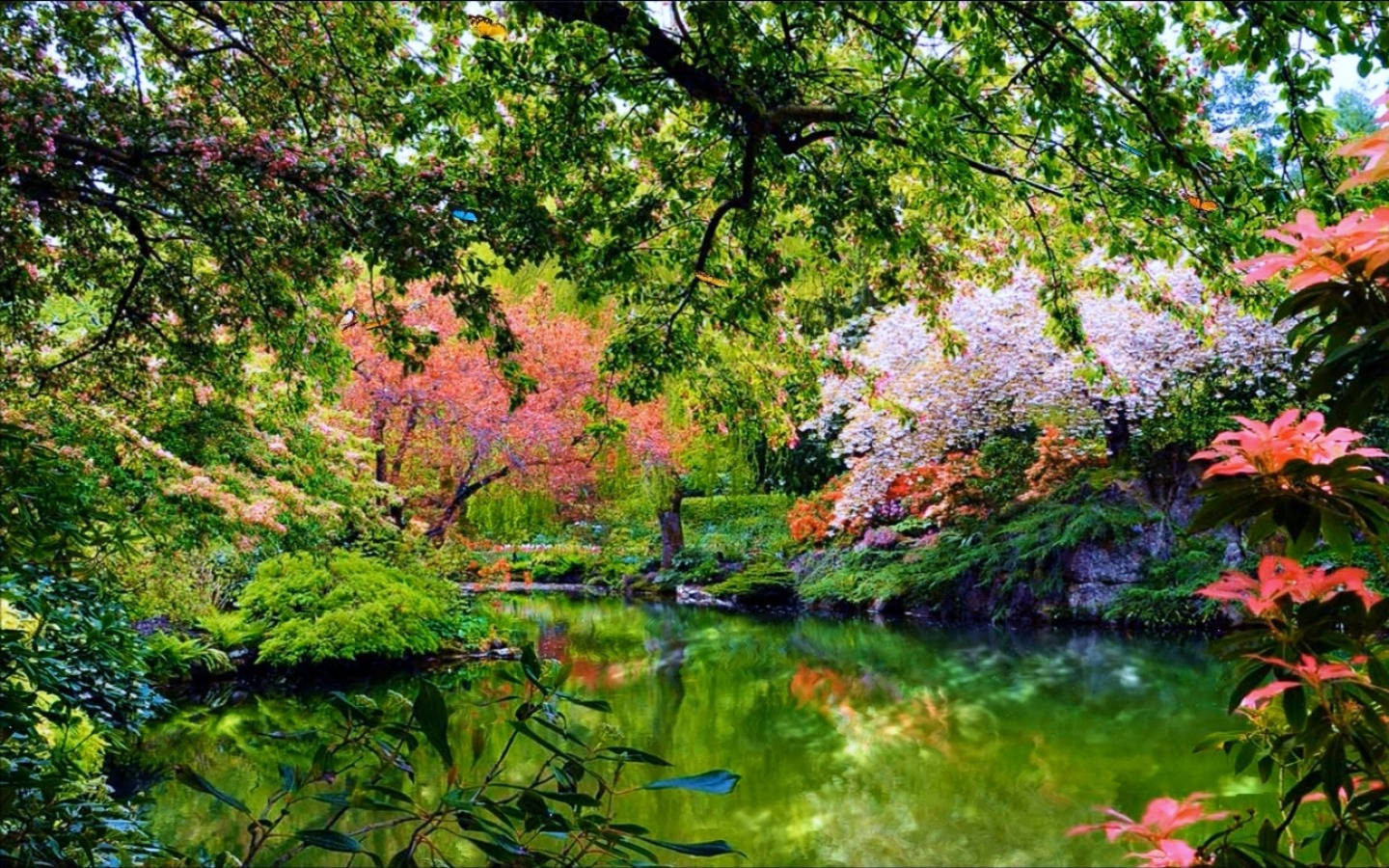 Flower Garden Around A Lake Wallpaper