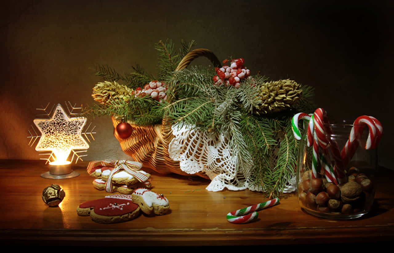 Food Table With Candy Baskets Wallpaper