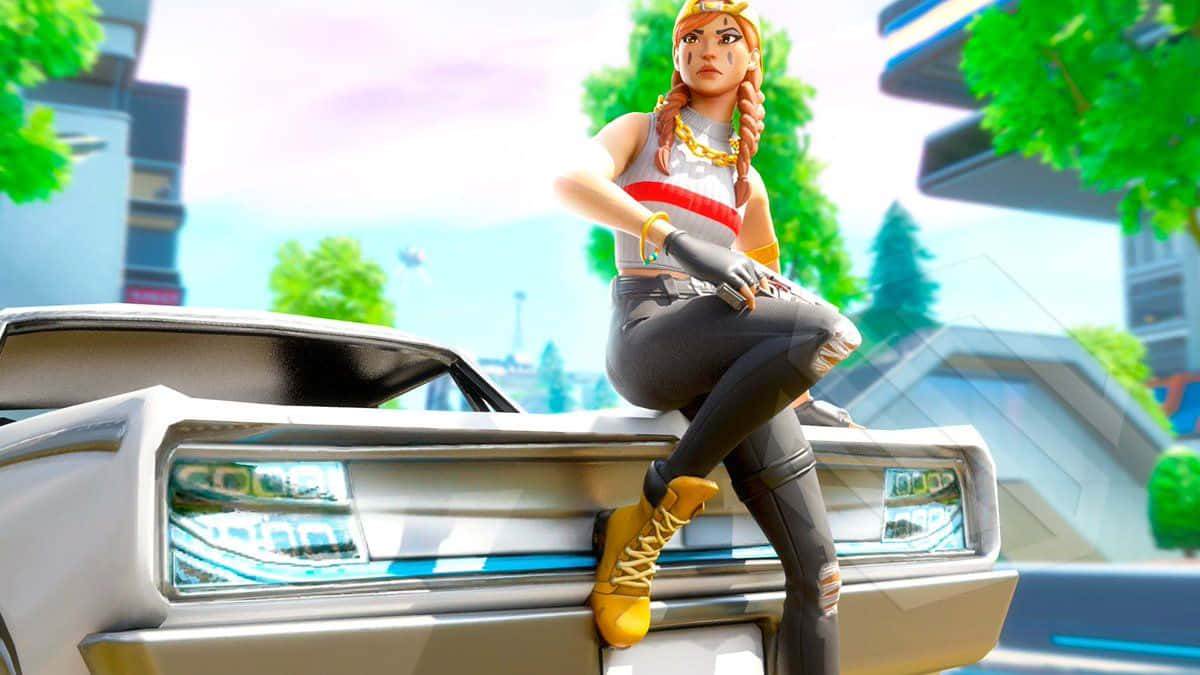 Fortnite Aura Skin Sitting On Car With Gun Wallpaper