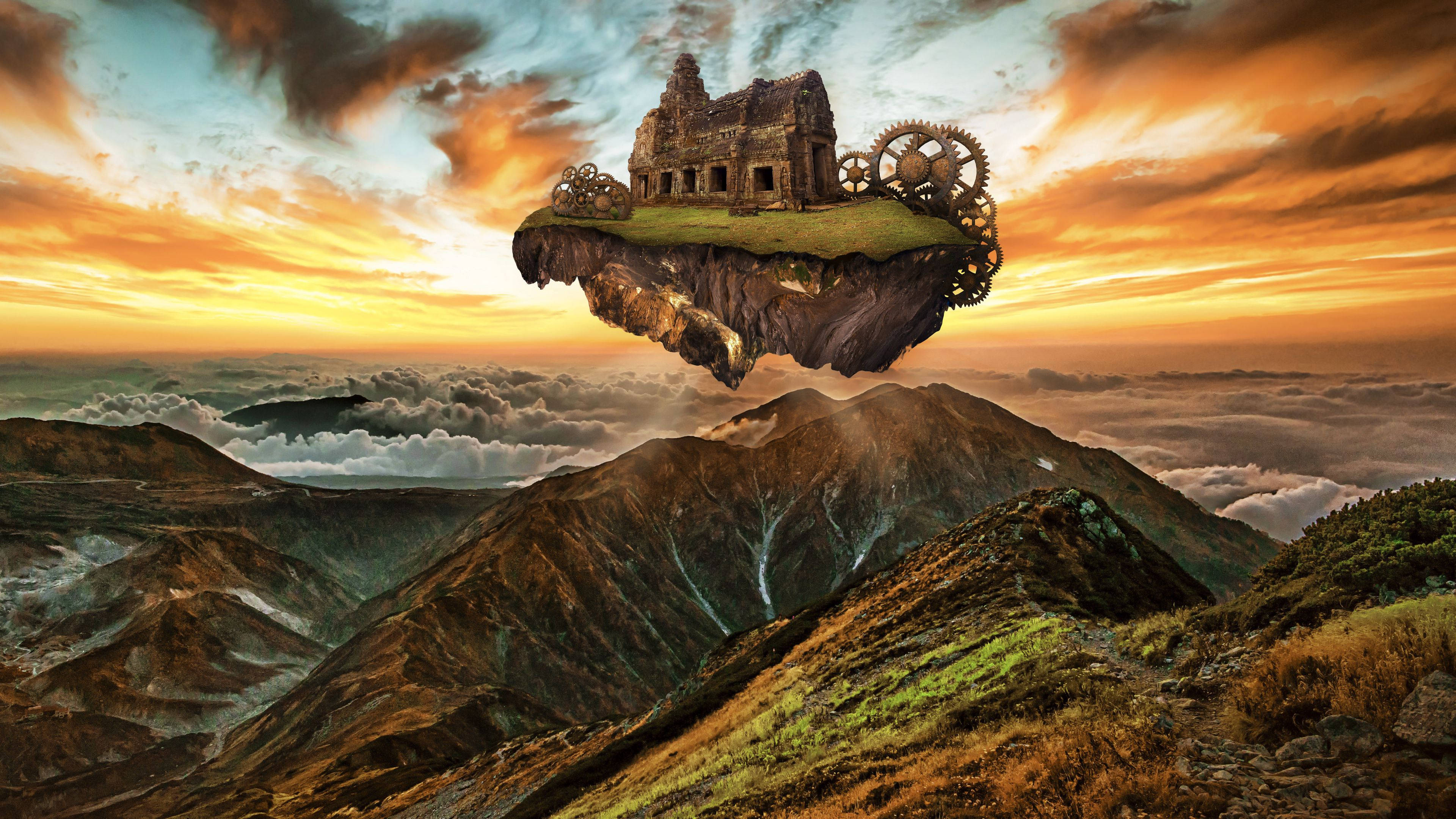 Full 4k Steampunk Floating House Wallpaper