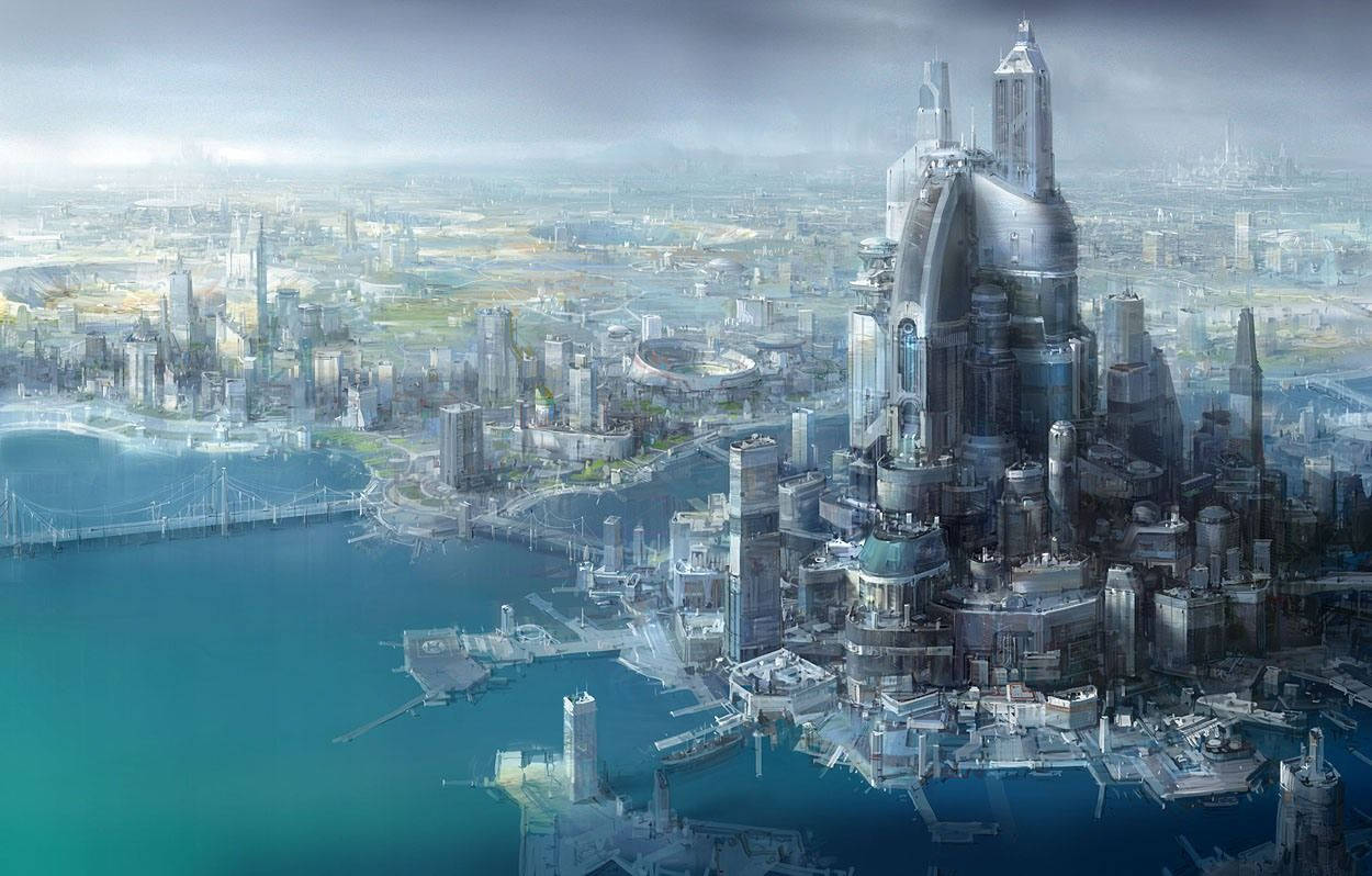 Futuristic City Coast Aerial View Wallpaper