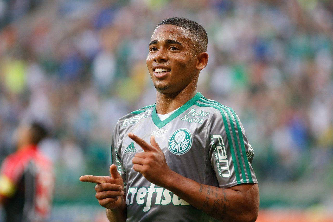 Gabriel Jesus Celebrating With Finger Guns Gesture Wallpaper