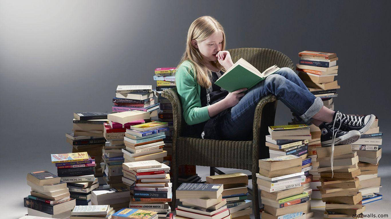 Girl Reading Book In Gray Wallpaper