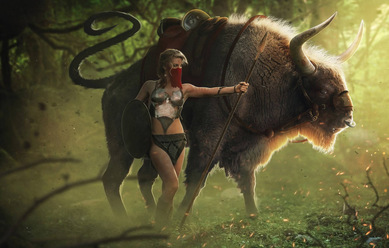 Girl Warrior With Buffalo Wallpaper