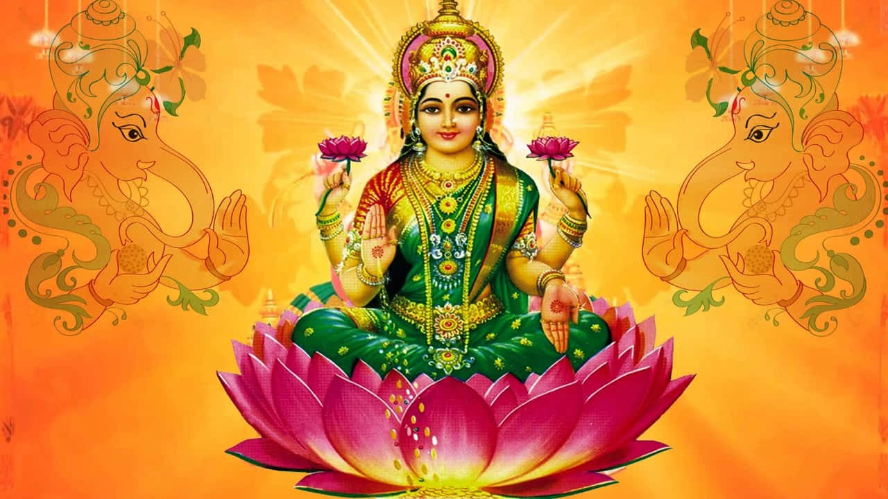 Goddess_ Mahalakshmi_on_ Lotus_with_ Ganesha Wallpaper