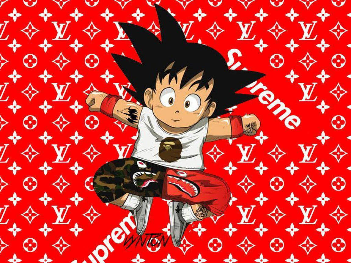 Goku Swag With Luxury Brand Logo Background Wallpaper