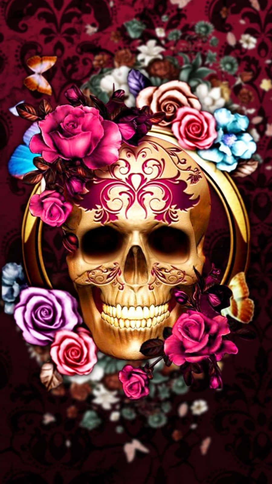 Gold Love Skulls And Roses Fantasy Wallpaper